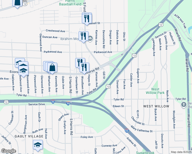 map of restaurants, bars, coffee shops, grocery stores, and more near 600 Kansas Avenue in Ypsilanti