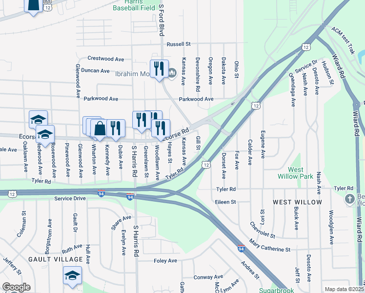 map of restaurants, bars, coffee shops, grocery stores, and more near 600 Kansas Avenue in Ypsilanti