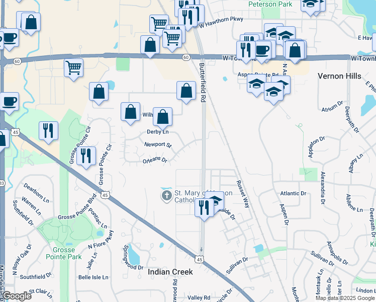 map of restaurants, bars, coffee shops, grocery stores, and more near 1435 Orleans Drive in Mundelein