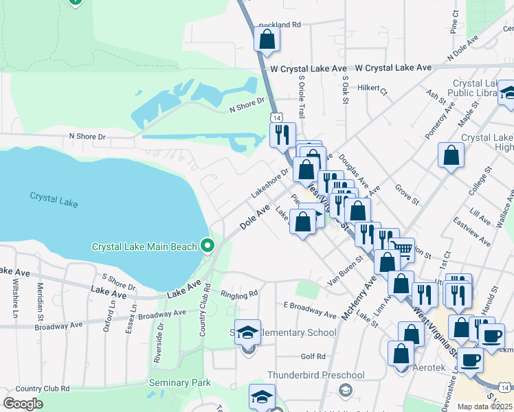 map of restaurants, bars, coffee shops, grocery stores, and more near 7808 South Virginia Street in Crystal Lake
