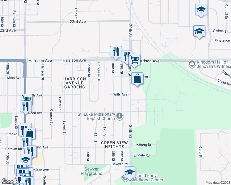 map of restaurants, bars, coffee shops, grocery stores, and more near 2808 18th Street in Rockford