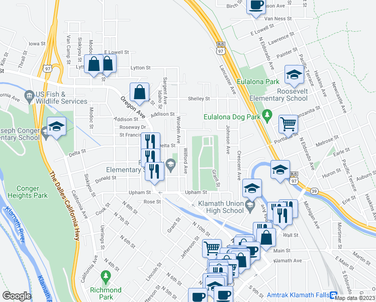 map of restaurants, bars, coffee shops, grocery stores, and more near 1527 Wilford Avenue in Klamath Falls