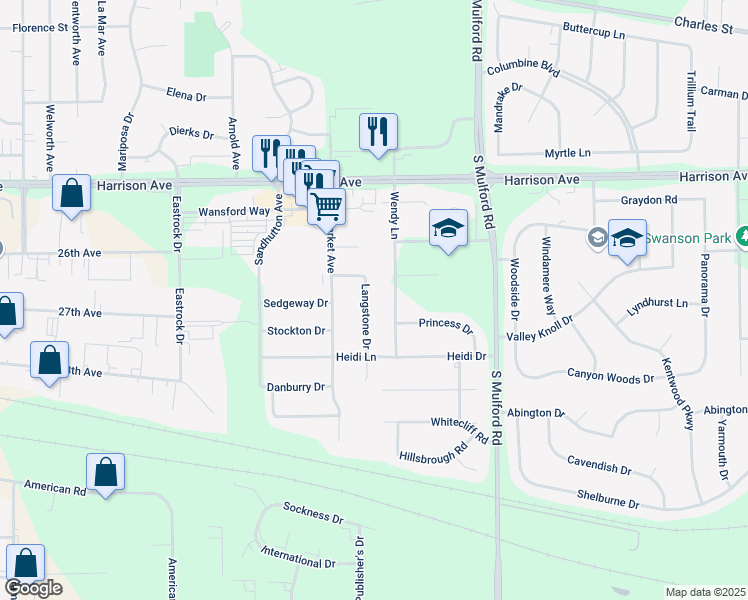 map of restaurants, bars, coffee shops, grocery stores, and more near 2900 Langstone Drive in Rockford