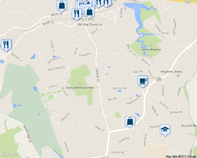 map of restaurants, bars, coffee shops, grocery stores, and more near 160 Central Street in Hingham