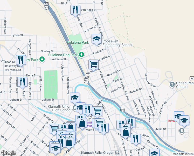 map of restaurants, bars, coffee shops, grocery stores, and more near 1865 Melrose Street in Klamath Falls