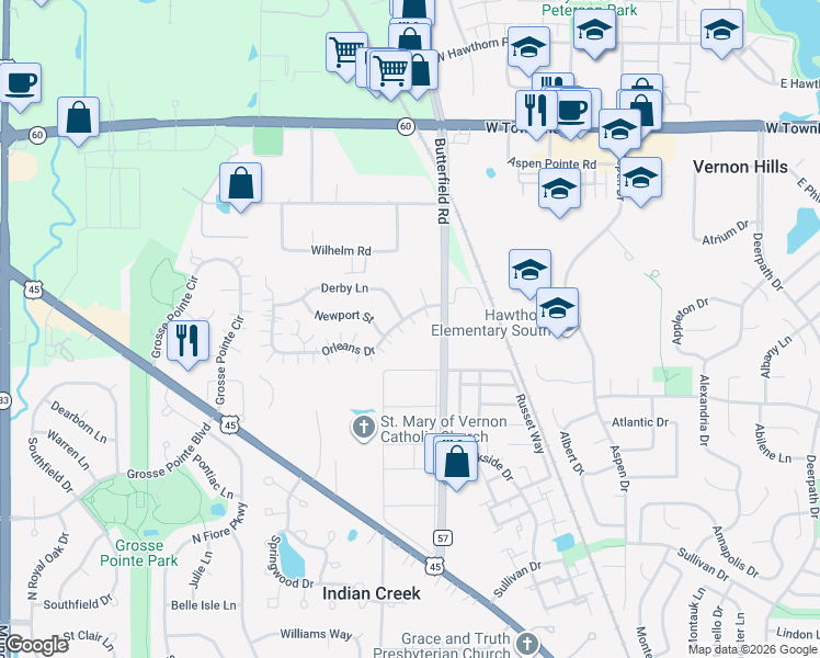map of restaurants, bars, coffee shops, grocery stores, and more near 1435 Orleans Drive in Mundelein