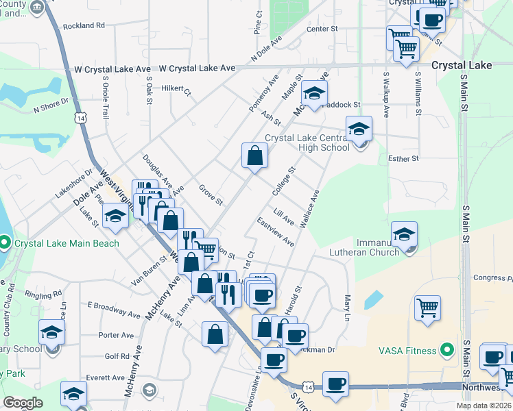 map of restaurants, bars, coffee shops, grocery stores, and more near 211 Eastview Avenue in Crystal Lake