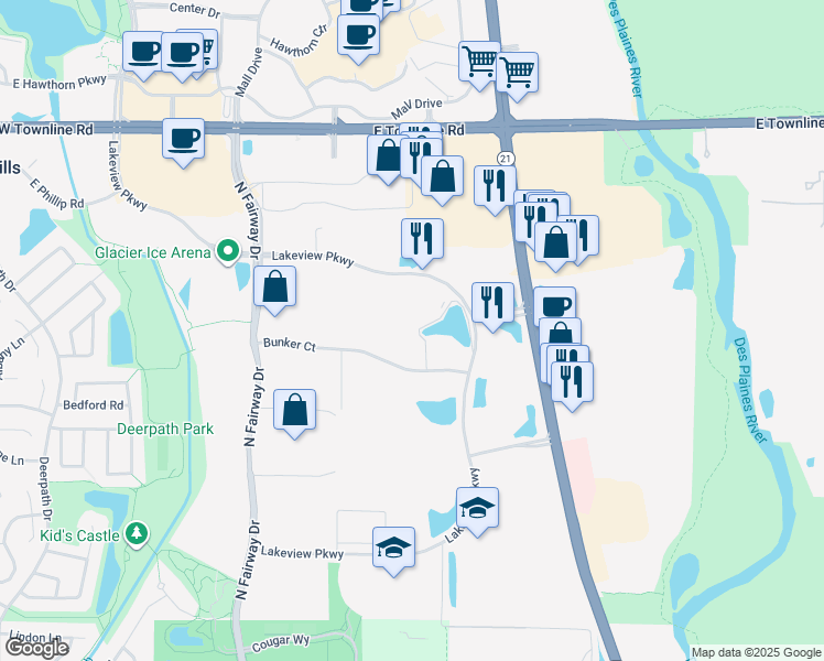 map of restaurants, bars, coffee shops, grocery stores, and more near 750 Bunker Ct in Vernon Hills