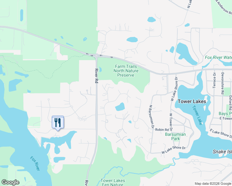 map of restaurants, bars, coffee shops, grocery stores, and more near 25438 North Cayuga Trail in Lake Barrington