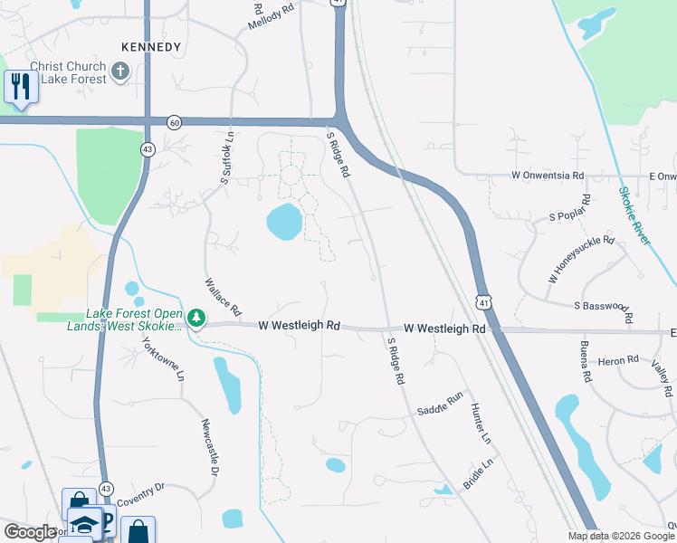 map of restaurants, bars, coffee shops, grocery stores, and more near 315 Stable Lane in Lake Forest