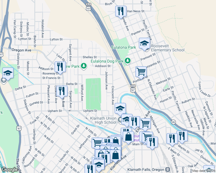 map of restaurants, bars, coffee shops, grocery stores, and more near 1535 Johnson Avenue in Klamath Falls