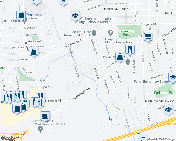 map of restaurants, bars, coffee shops, grocery stores, and more near 281 Stevens Drive in Ypsilanti Charter Township