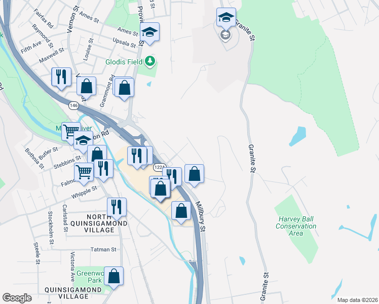 map of restaurants, bars, coffee shops, grocery stores, and more near 48 Gibbs Street in Worcester