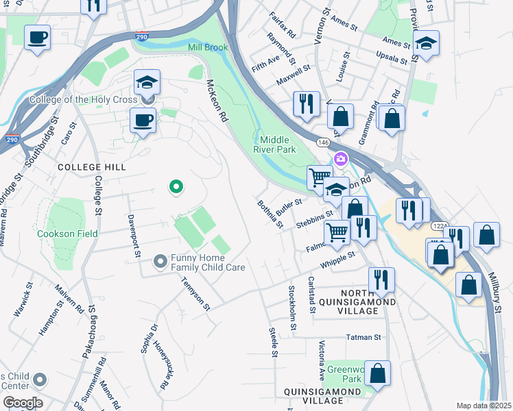 map of restaurants, bars, coffee shops, grocery stores, and more near 62 Butler Street in Worcester