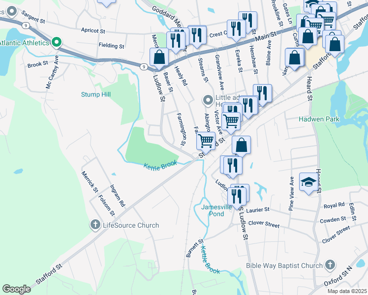 map of restaurants, bars, coffee shops, grocery stores, and more near 173 Ludlow Street in Worcester