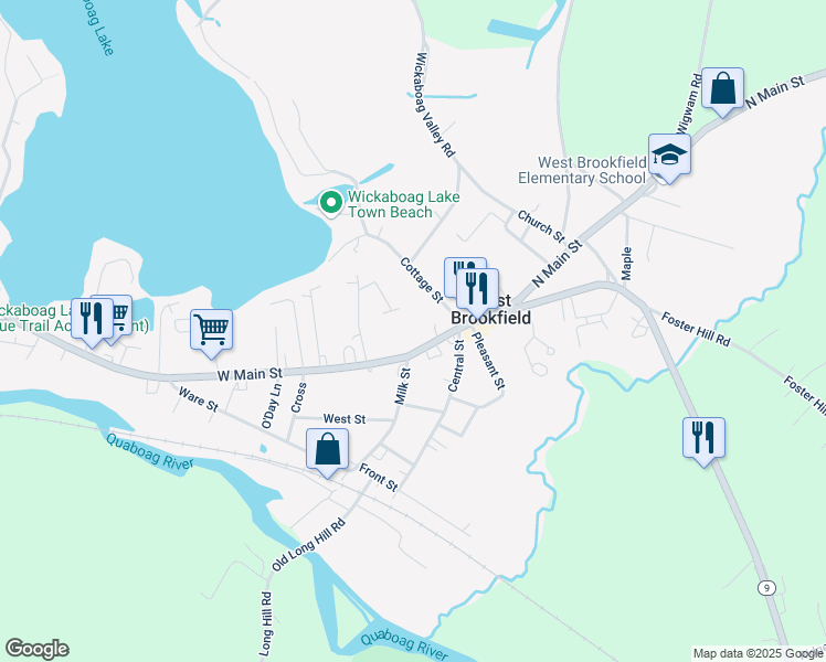 map of restaurants, bars, coffee shops, grocery stores, and more near 20 Massachusetts 9 in West Brookfield