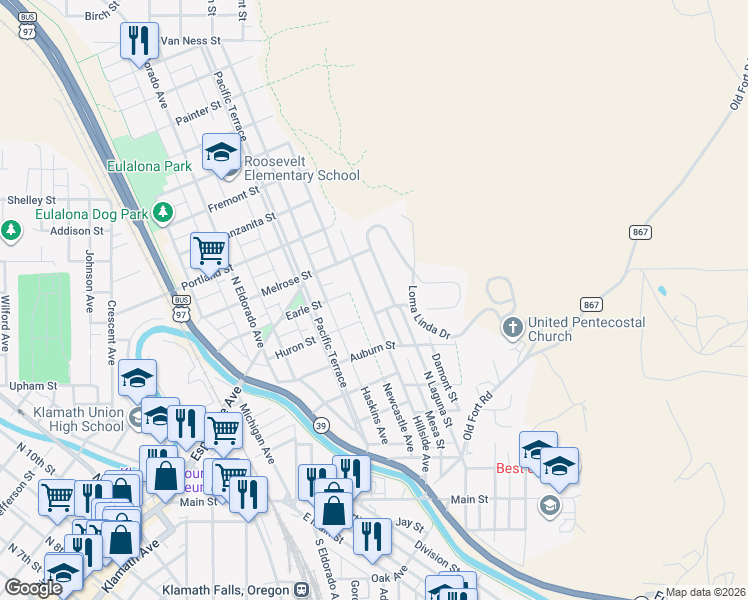 map of restaurants, bars, coffee shops, grocery stores, and more near 611 Hillside Avenue in Klamath Falls
