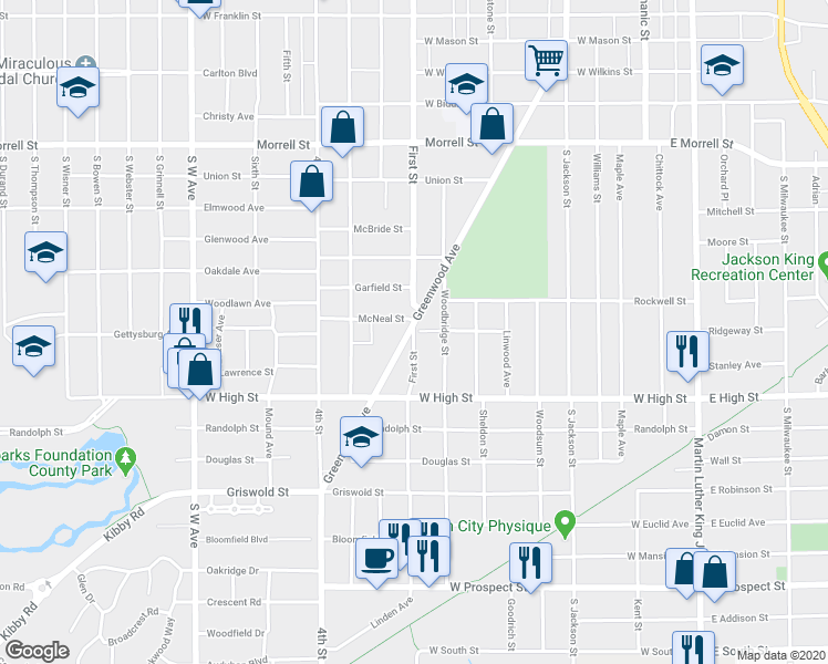 map of restaurants, bars, coffee shops, grocery stores, and more near 398 Rosedale Place in Jackson