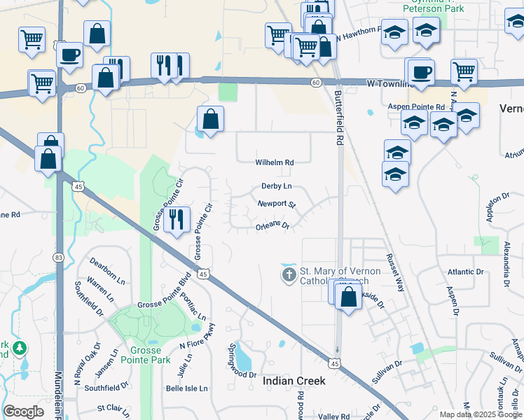 map of restaurants, bars, coffee shops, grocery stores, and more near 1329 Newport Street in Mundelein