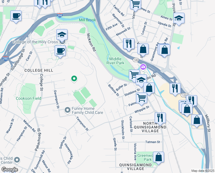 map of restaurants, bars, coffee shops, grocery stores, and more near 62 Butler Street in Worcester
