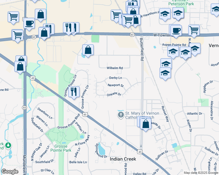 map of restaurants, bars, coffee shops, grocery stores, and more near 1329 Newport Street in Mundelein