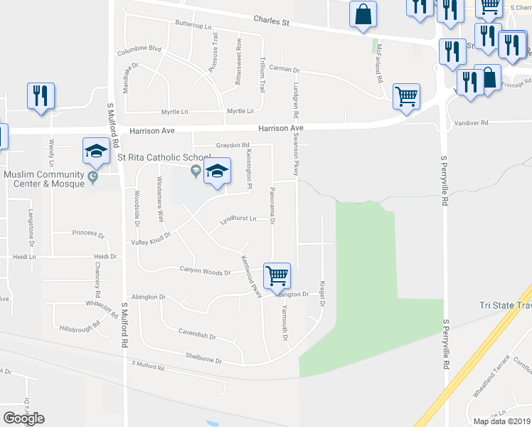 map of restaurants, bars, coffee shops, grocery stores, and more near 6443 Lyndhurst Lane in Rockford