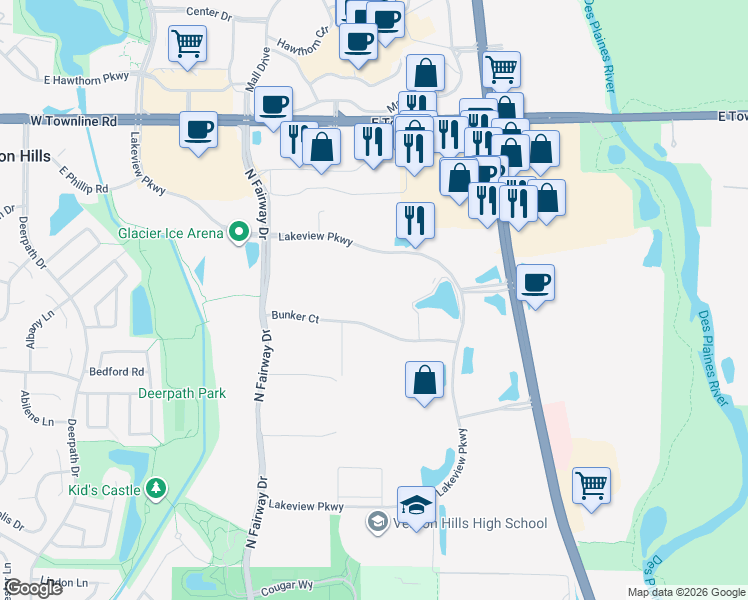 map of restaurants, bars, coffee shops, grocery stores, and more near 588 Lakeview Parkway in Vernon Hills