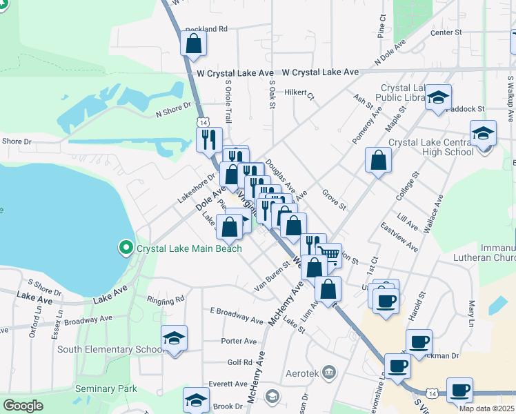 map of restaurants, bars, coffee shops, grocery stores, and more near 421 South Oriole Trail in Crystal Lake
