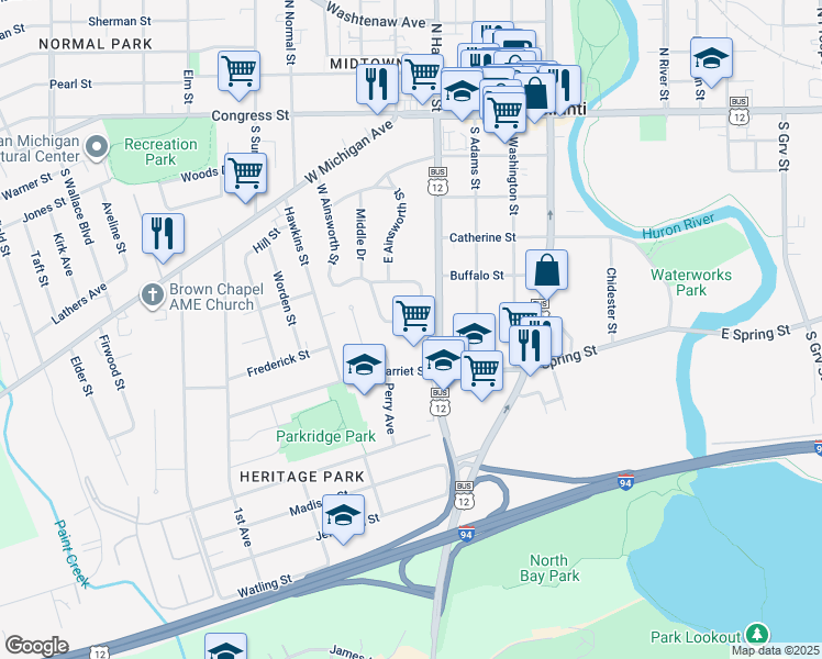 map of restaurants, bars, coffee shops, grocery stores, and more near 430 Ainsworth Circle in Ypsilanti