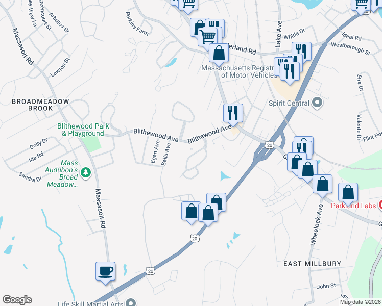 map of restaurants, bars, coffee shops, grocery stores, and more near 115 Blithewood Avenue in Worcester