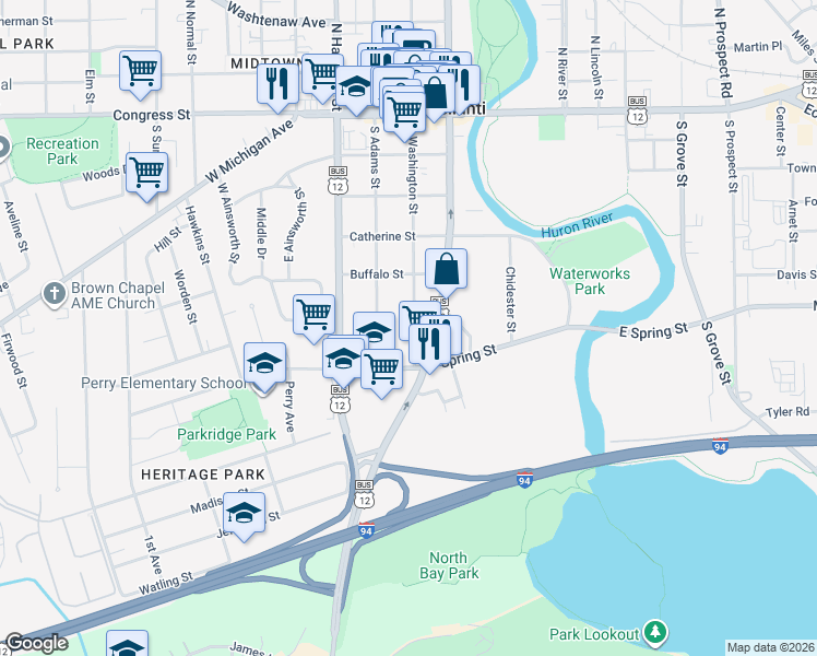 map of restaurants, bars, coffee shops, grocery stores, and more near 416 South Washington Street in Ypsilanti