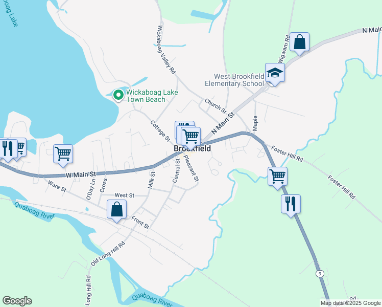 map of restaurants, bars, coffee shops, grocery stores, and more near Massachusetts 67 in West Brookfield