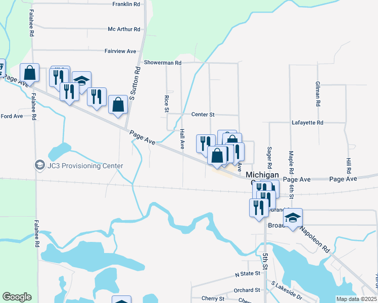 map of restaurants, bars, coffee shops, grocery stores, and more near 4400 Page Avenue in Michigan Center
