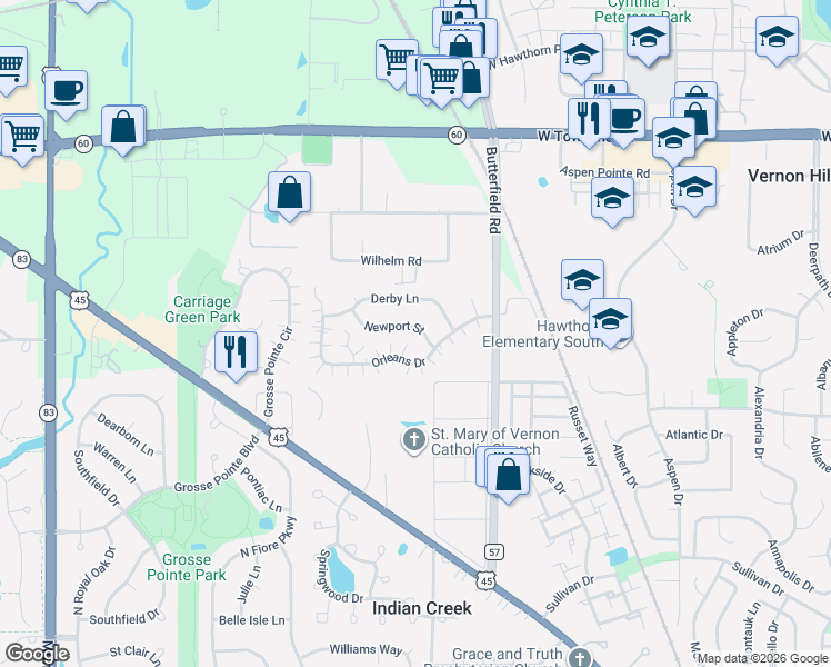 map of restaurants, bars, coffee shops, grocery stores, and more near 1377 Derby Lane in Mundelein