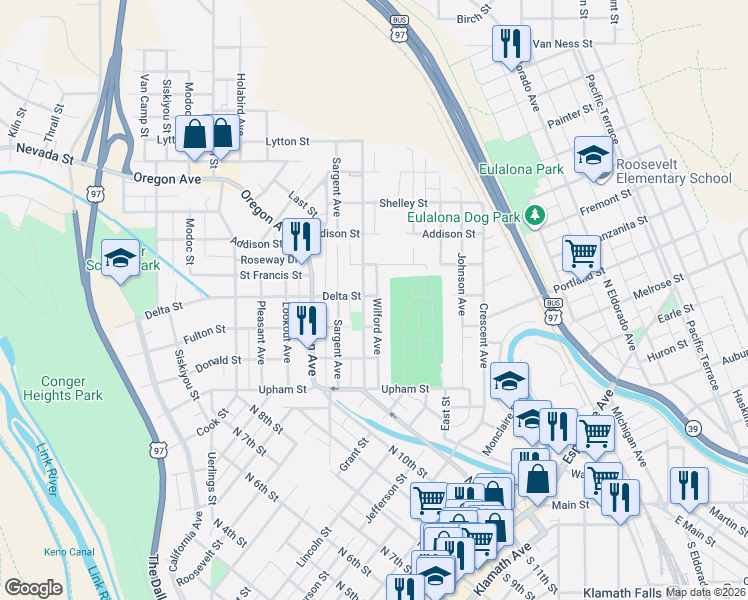 map of restaurants, bars, coffee shops, grocery stores, and more near 1621 Worden Avenue in Klamath Falls