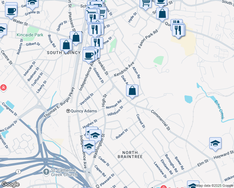 map of restaurants, bars, coffee shops, grocery stores, and more near 5 High Street in Quincy