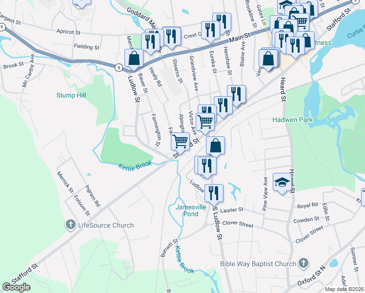 map of restaurants, bars, coffee shops, grocery stores, and more near 3 Victor Avenue in Worcester