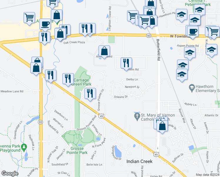 map of restaurants, bars, coffee shops, grocery stores, and more near 1163 Orleans Drive in Mundelein