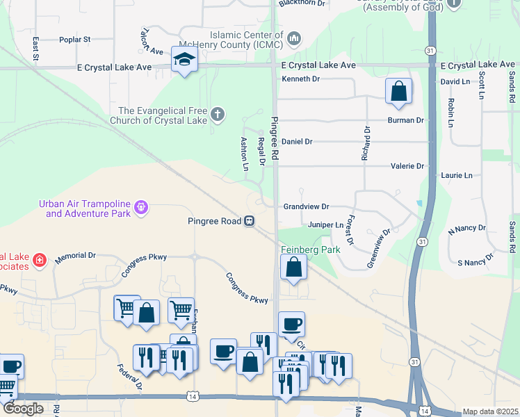 map of restaurants, bars, coffee shops, grocery stores, and more near 810 Oak Hollow Road in Crystal Lake
