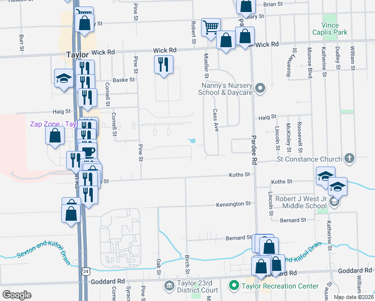 map of restaurants, bars, coffee shops, grocery stores, and more near 23236 Pinewood Drive in Taylor
