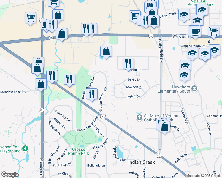map of restaurants, bars, coffee shops, grocery stores, and more near 1207 Orleans Drive in Mundelein