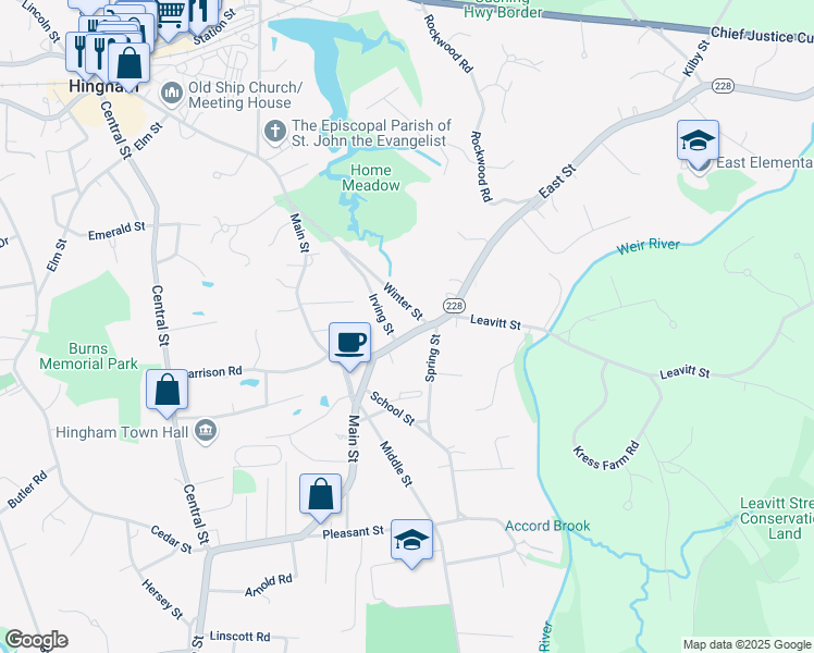 map of restaurants, bars, coffee shops, grocery stores, and more near 62 Winter Street in Hingham