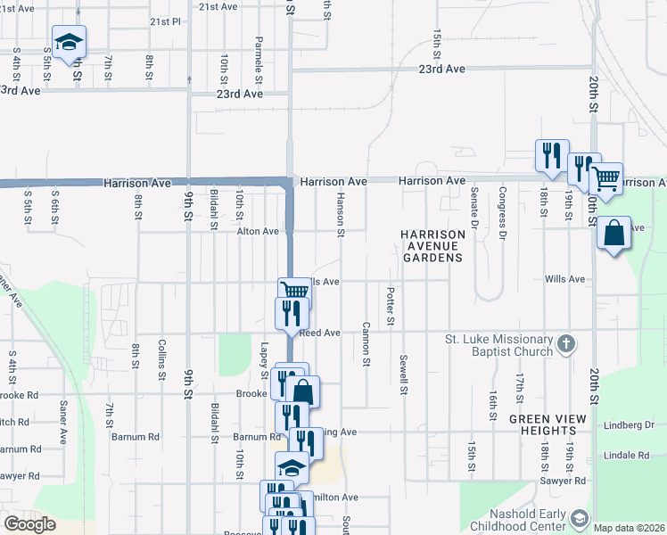 map of restaurants, bars, coffee shops, grocery stores, and more near 2713 Hanson Street in Rockford