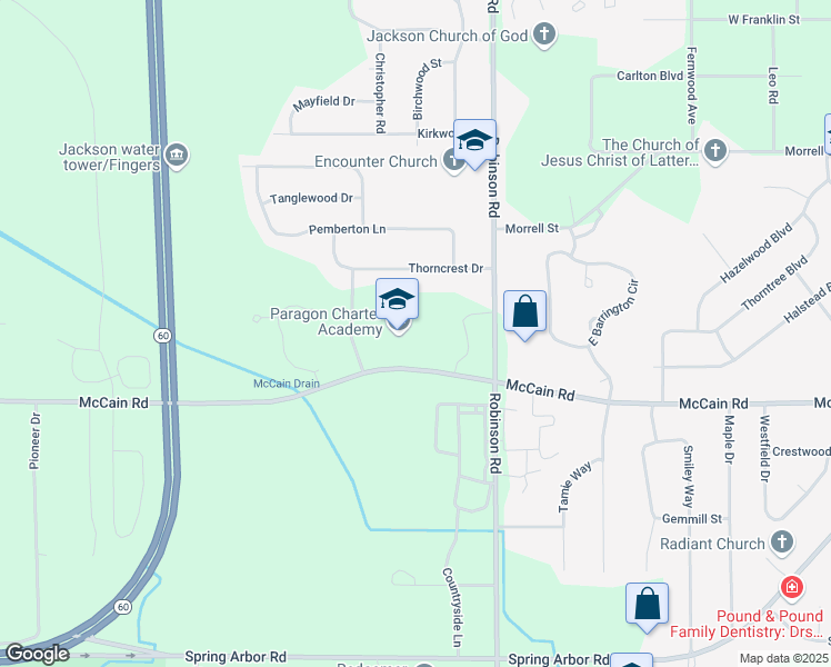 map of restaurants, bars, coffee shops, grocery stores, and more near 3750 McCain Road in Jackson