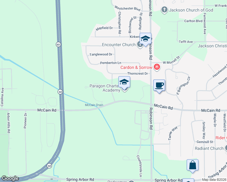 map of restaurants, bars, coffee shops, grocery stores, and more near 3849 Thorncrest Drive in Jackson