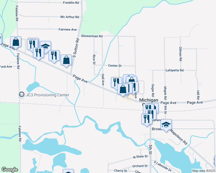 map of restaurants, bars, coffee shops, grocery stores, and more near 4400 Page Avenue in Michigan Center