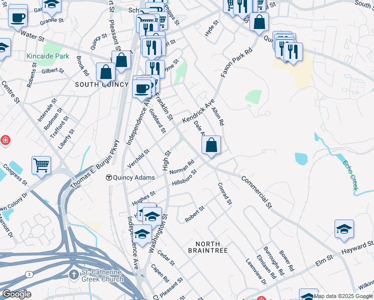 map of restaurants, bars, coffee shops, grocery stores, and more near 279 Franklin Street in Quincy
