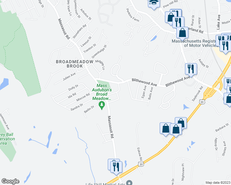 map of restaurants, bars, coffee shops, grocery stores, and more near 15 Brierway Drive in Worcester