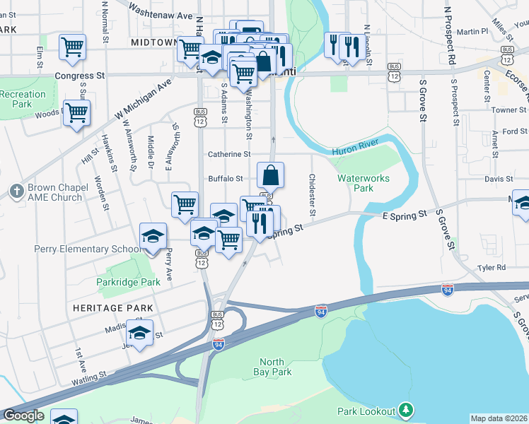 map of restaurants, bars, coffee shops, grocery stores, and more near South Huron Street in Ypsilanti