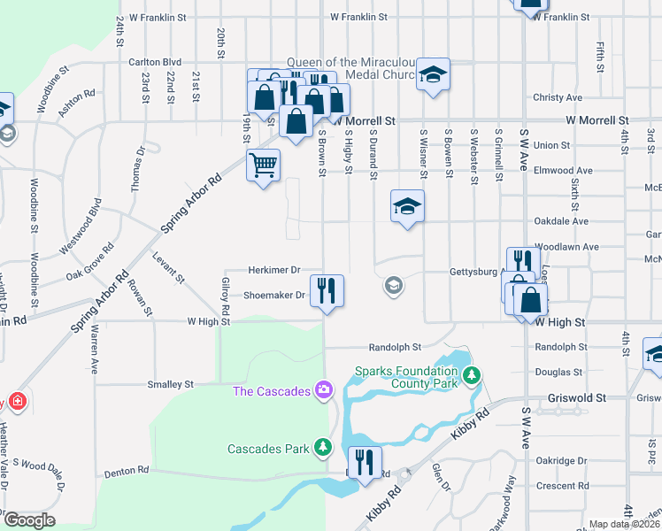 map of restaurants, bars, coffee shops, grocery stores, and more near 1116 South Higby Street in Jackson